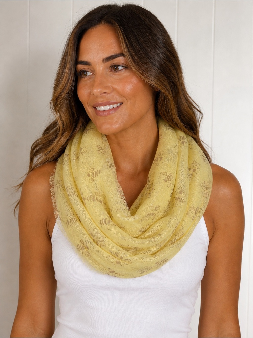 Whimsical Bee Print Infinity Scarf Lightweight Fringed Sheer Pastel Yellow